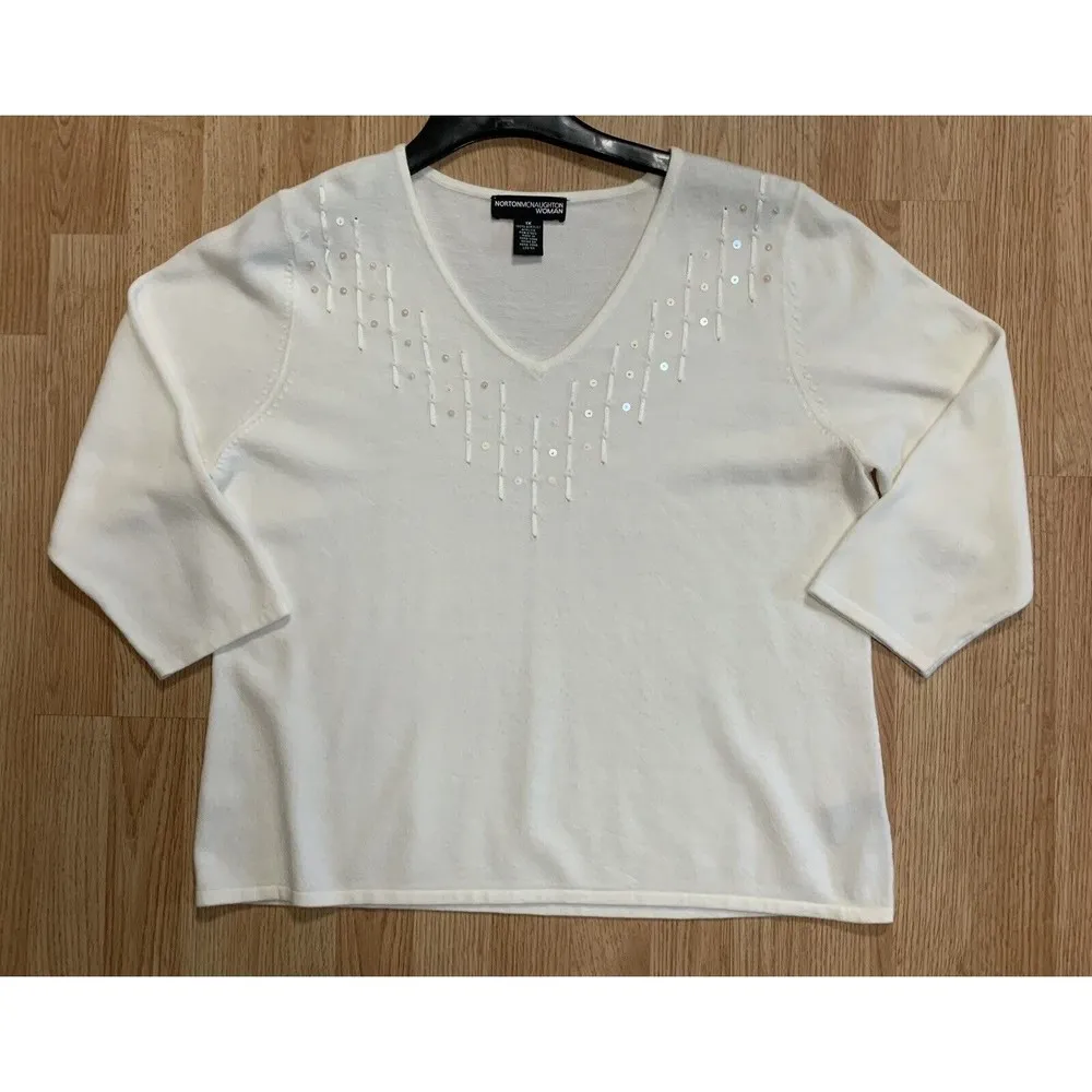 Norton McNaughton Women's Sweater 1X Cream Soft Basic Casual Embellished Front - Image 2