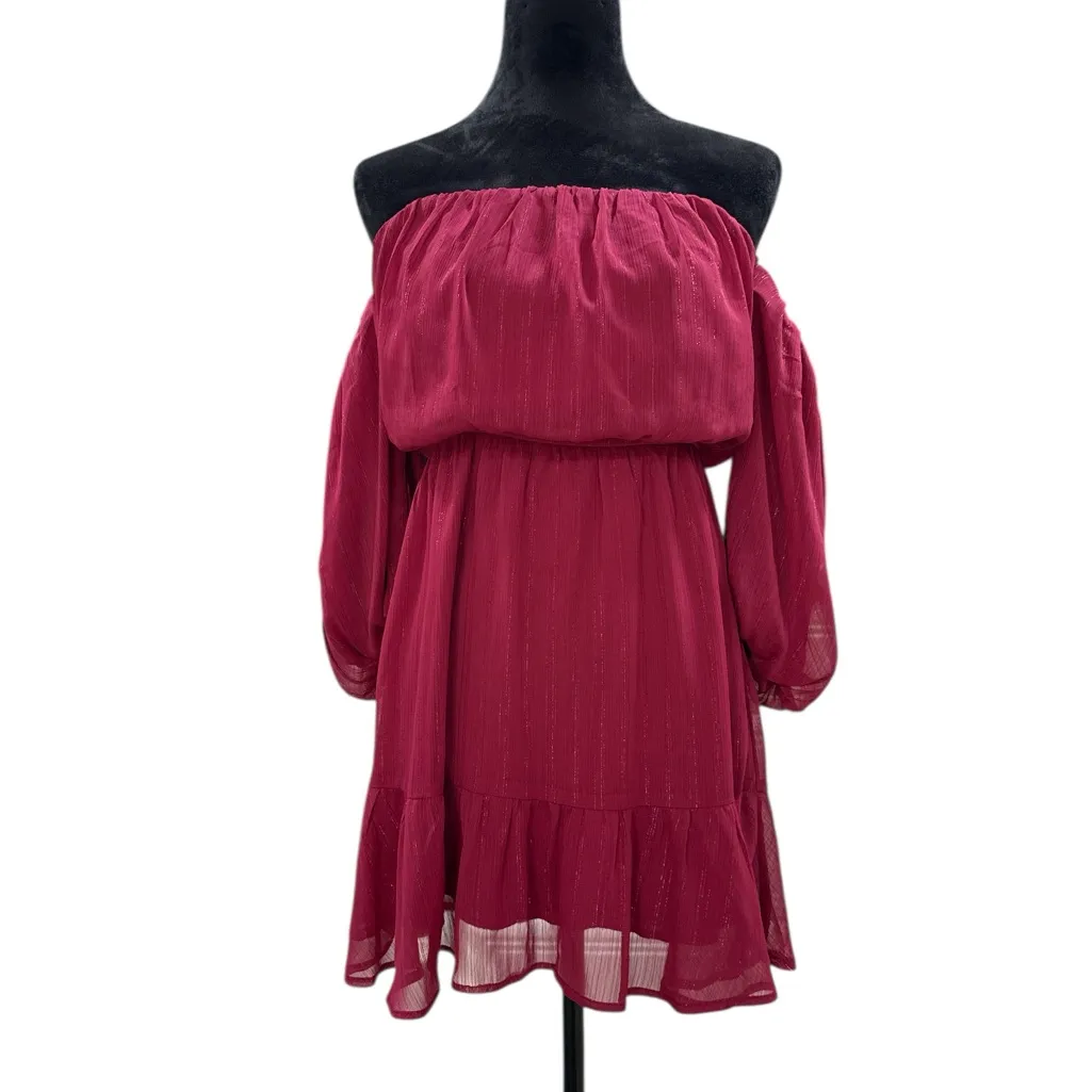 Mi Ami Burgundy Metallic Gold Shimmer Off The Shoulder Mini Dress - Image 2