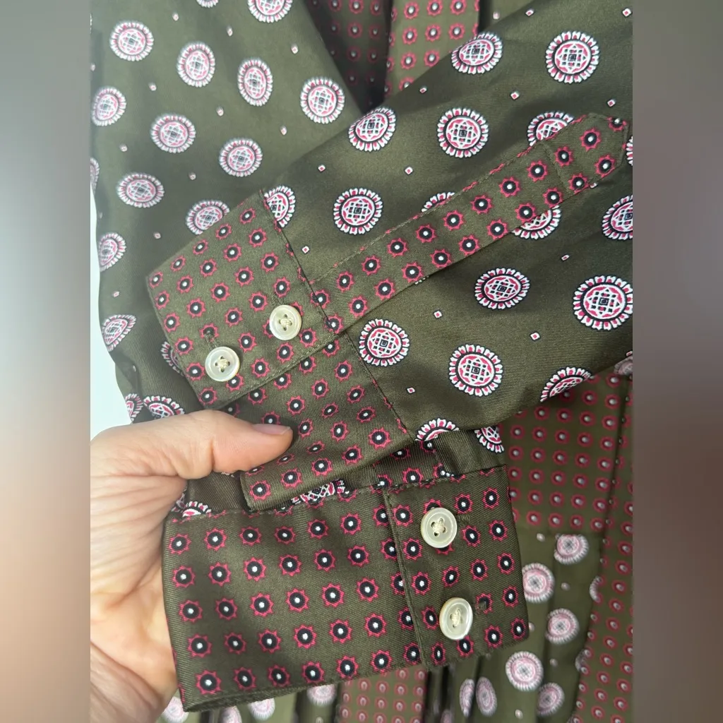 BANANA REPUBLIC 100% Silk LS Foulard Tie Dress Brown Olive Print 4P - Image 7