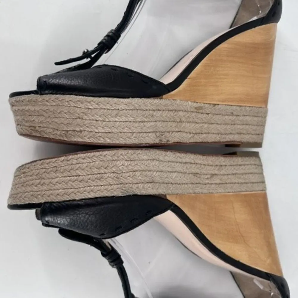 Coach Gala Black Leather Wedges Espadrille Wood Size 10 Peep toe T Strap Sandals - Image 7
