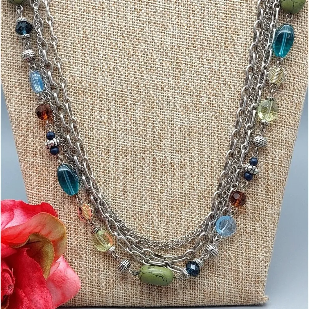 Premier Designs Silver Tone Multi Strand Chain Necklace Colorful Bead Stations - Image 4