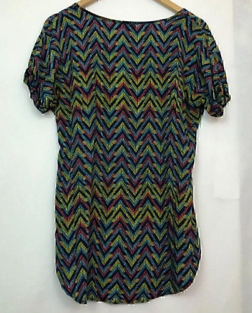 PIXLEY STITCH FIX Dotted Chevron Tunic Blue Pink Multi Short Sleeve Boho Blouse Green Size M - Image 7