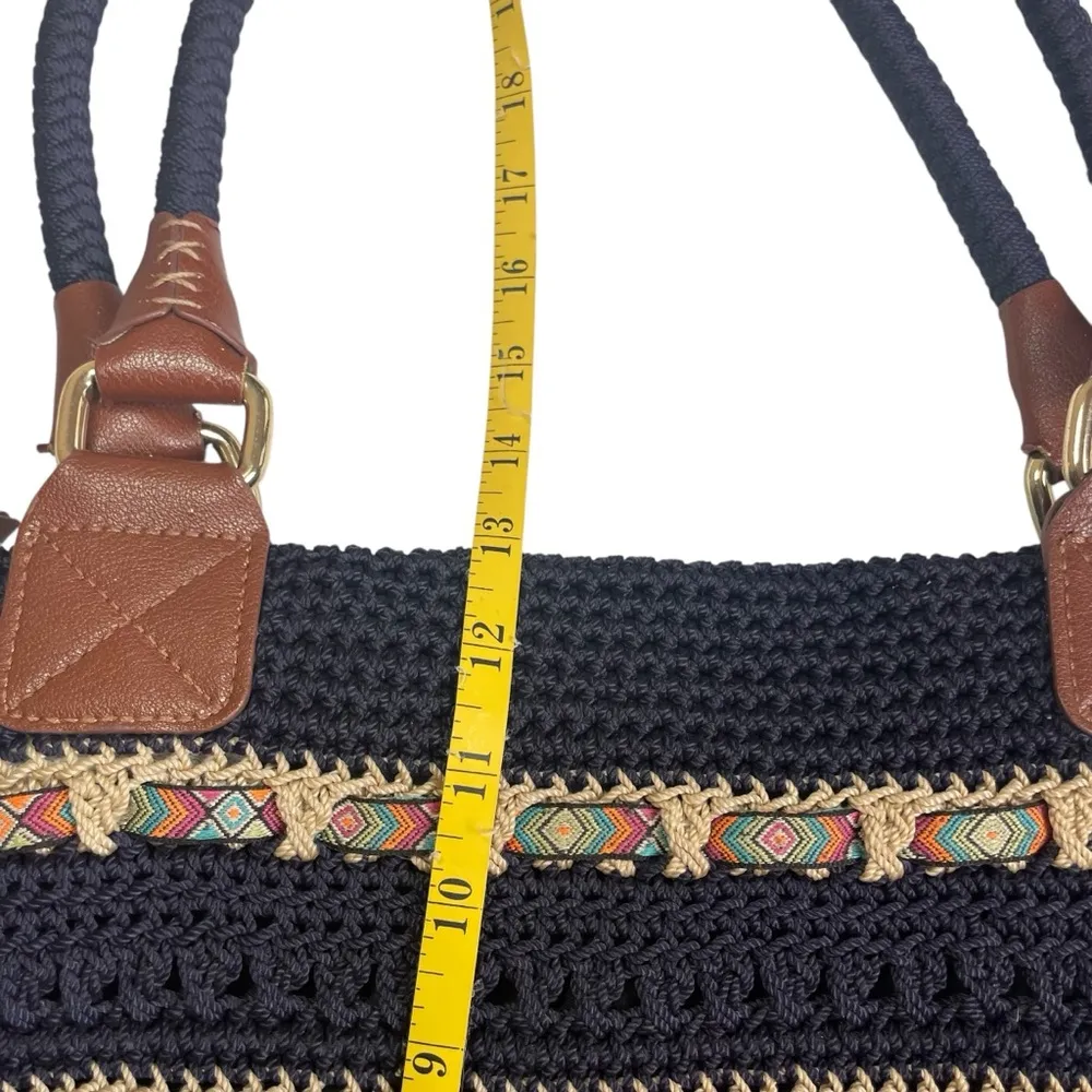 The Sak Cambria Crocheted Large Double Strap Zip Top Tote Navy Woven Ribbon EUC - Image 10