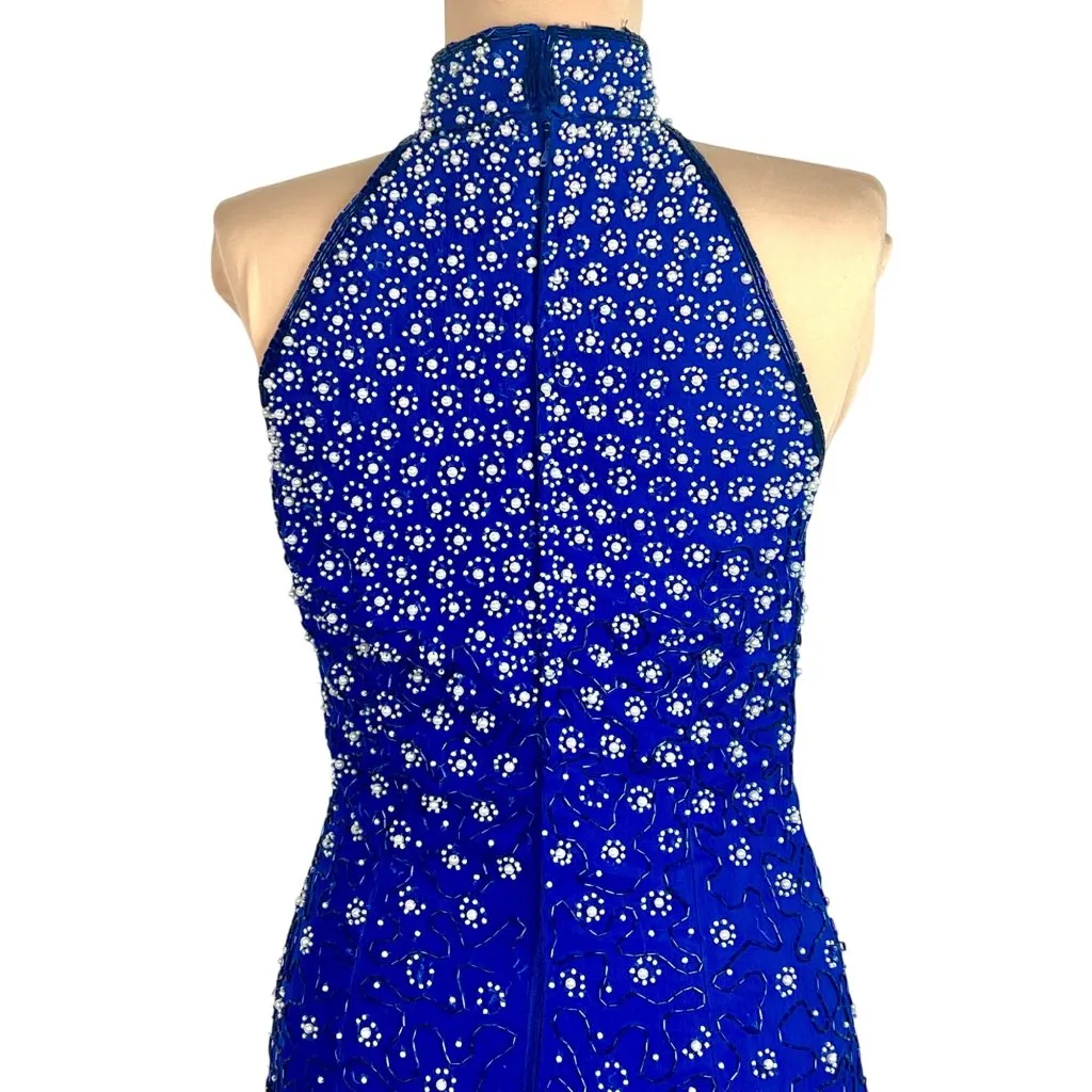 VTG 90s Ibiza Silk Hand Beaded Halter Neck Column Gown S Maxi Dress Royal Blue - Image 6