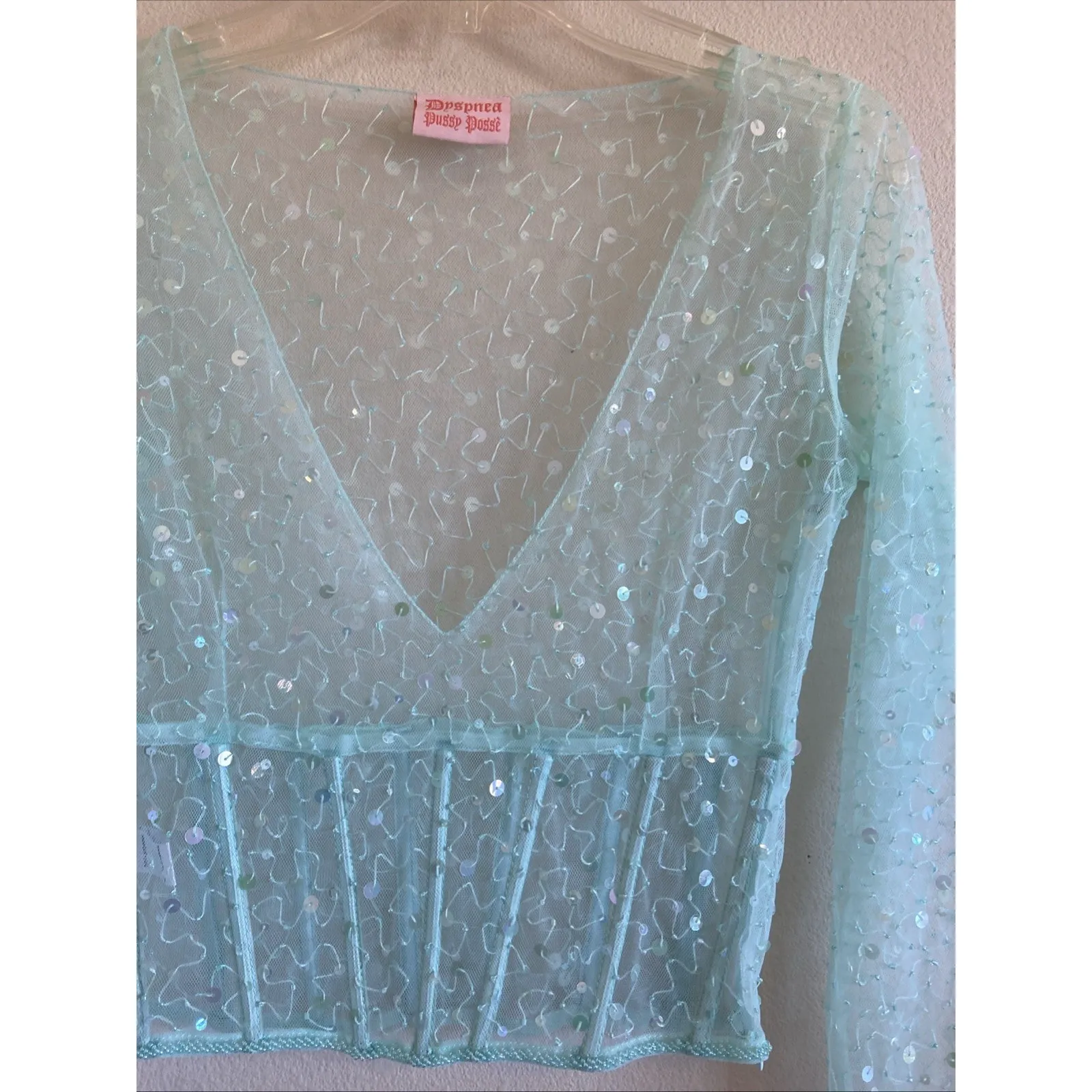 Dyspnea Mint‎ Green Hand Beaded Certified Freak Vneck Sheer Bodice Top Small - Image 5