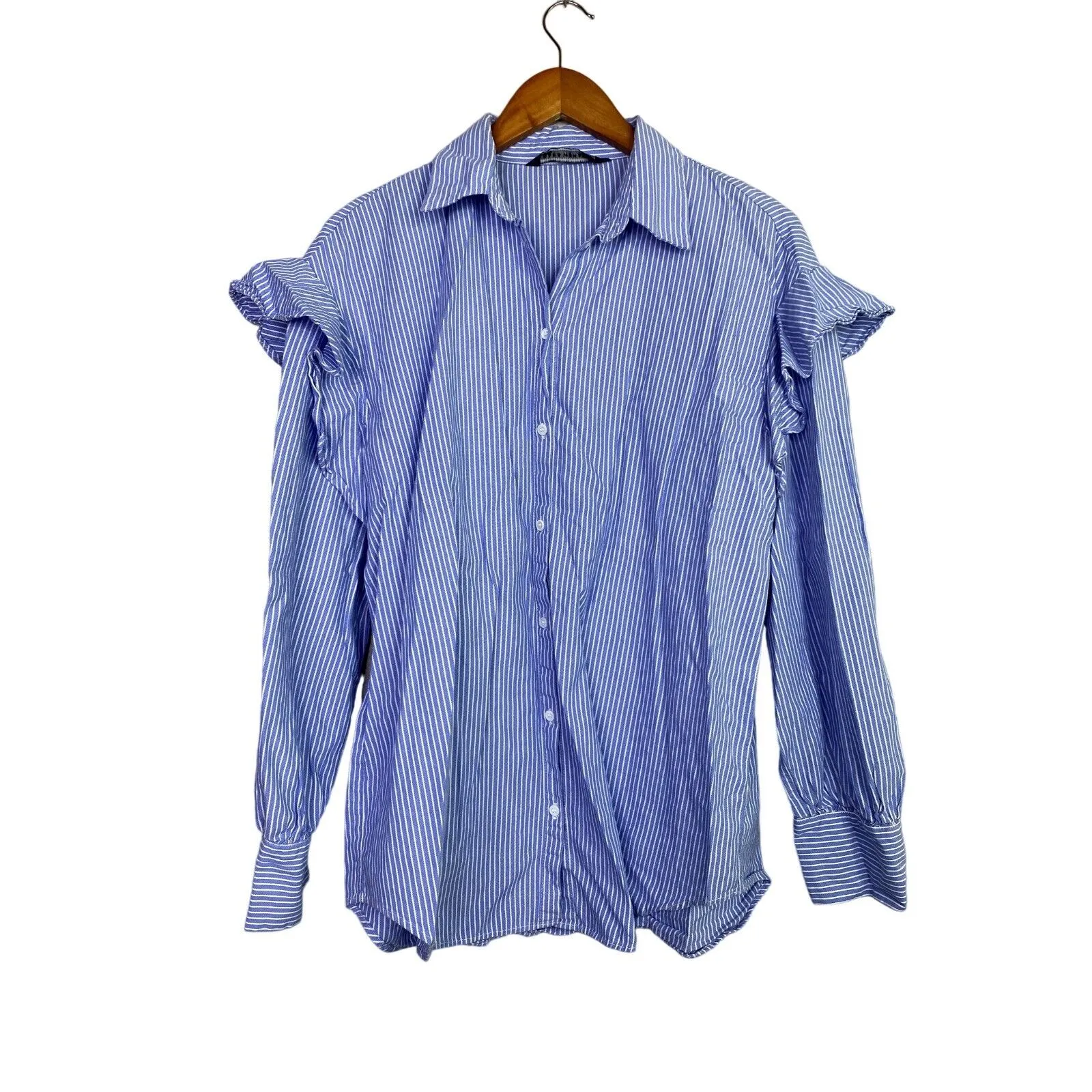 ZARA Cotton Chambray Collar Long Ruffle Sleeve Stripe Button Blouse S Blue White - Image 2