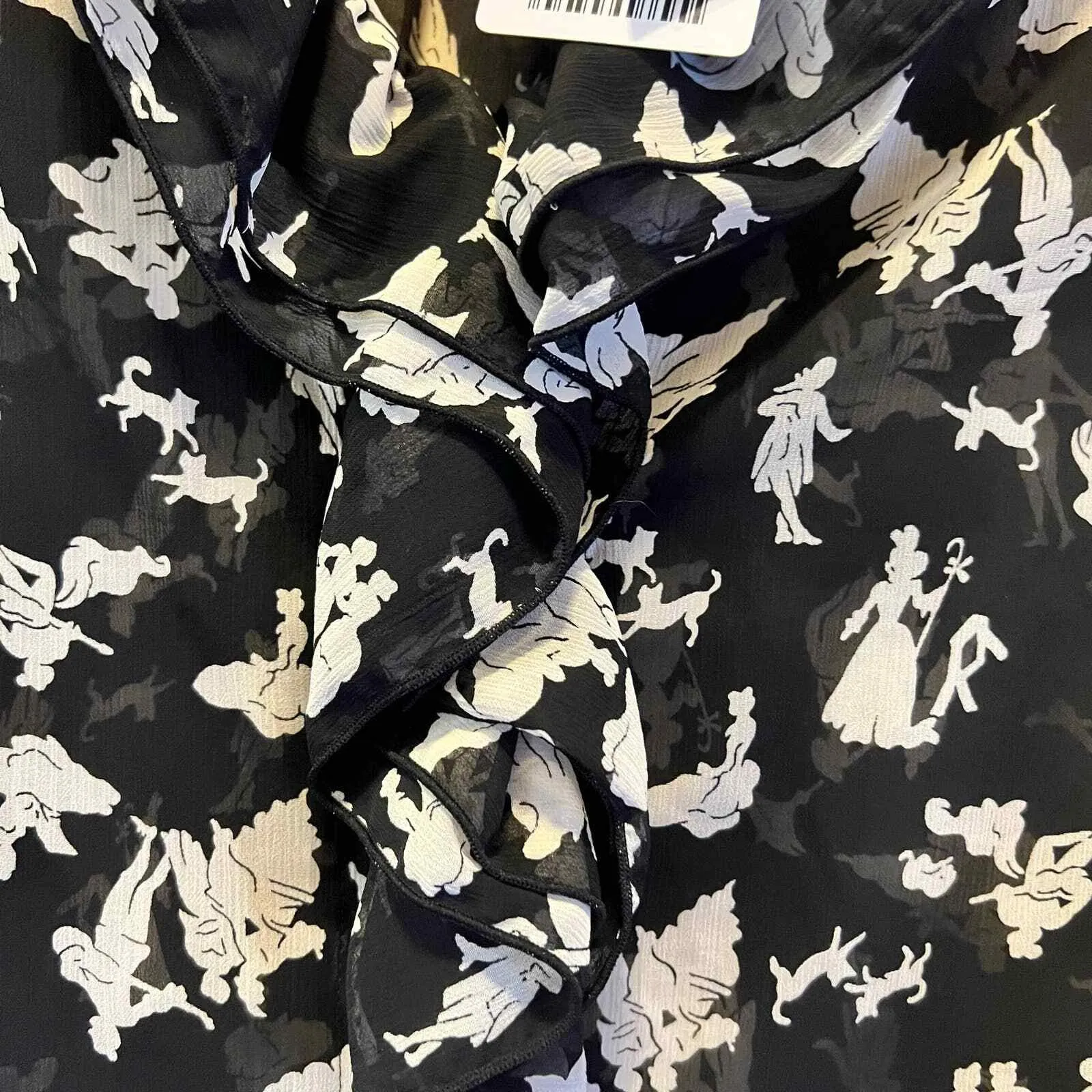 HD In Paris Anthropologie SZ 4 Petite Blouse Top Black White Print Ruffle V Neck - Image 5