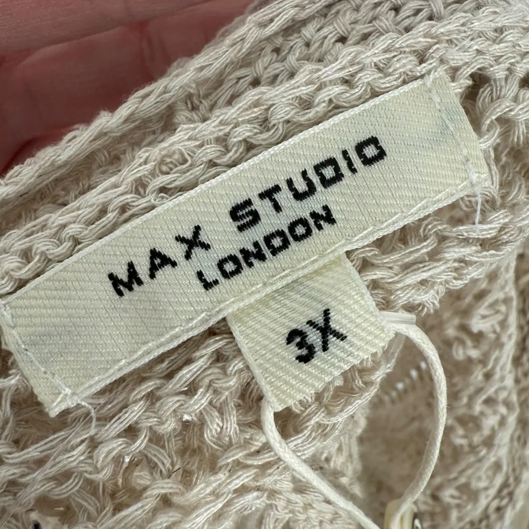 NWT MAX STUDIO Beige Crochet Open Knit Button Front Cardigan Sweater Size 3X - Image 3