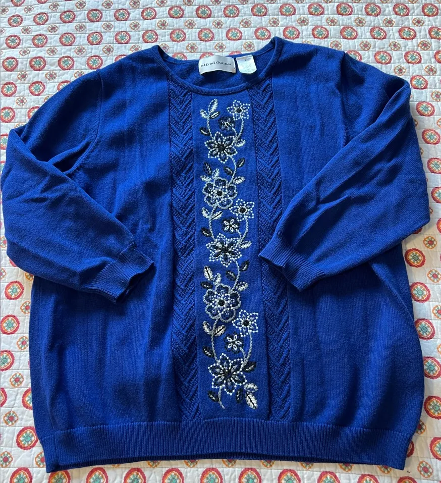 EUC Vintage Alfred Dunner 3/4 Sleeve Embroidered Royal Blue Sweater size Large - Image 1
