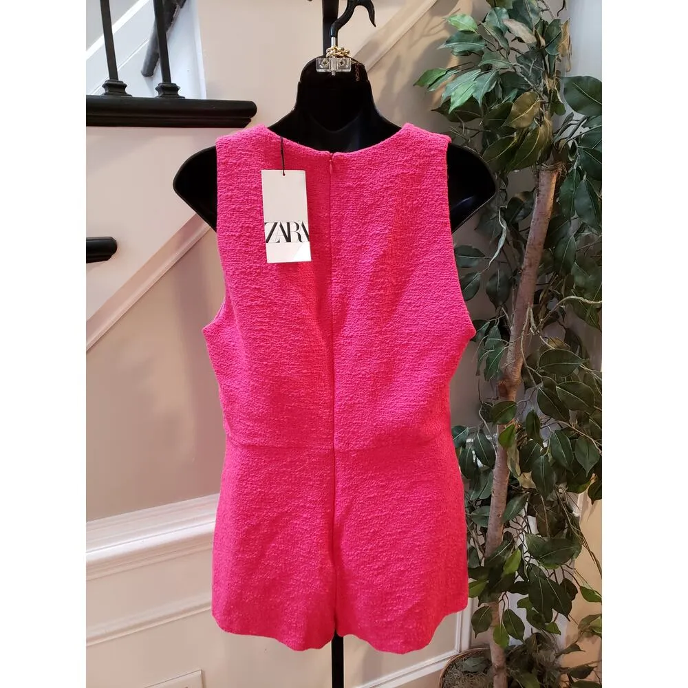 Zara Pink Textured V-Neck Romper Size M Sleeveless Shorts Dressy - Image 9