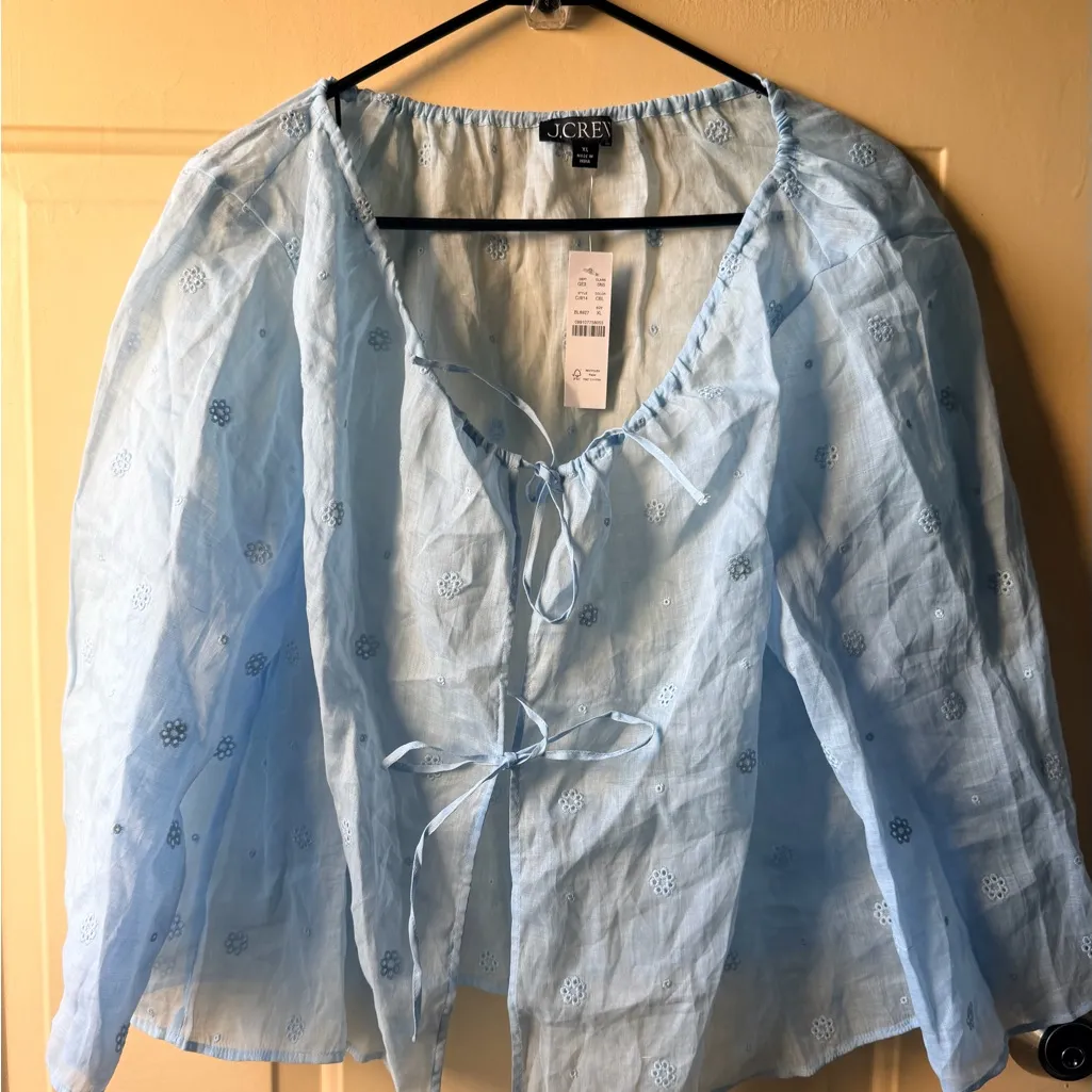 J.Crew  Light Blue Tie-front Eyelet Top 100%Ramie - Image 2