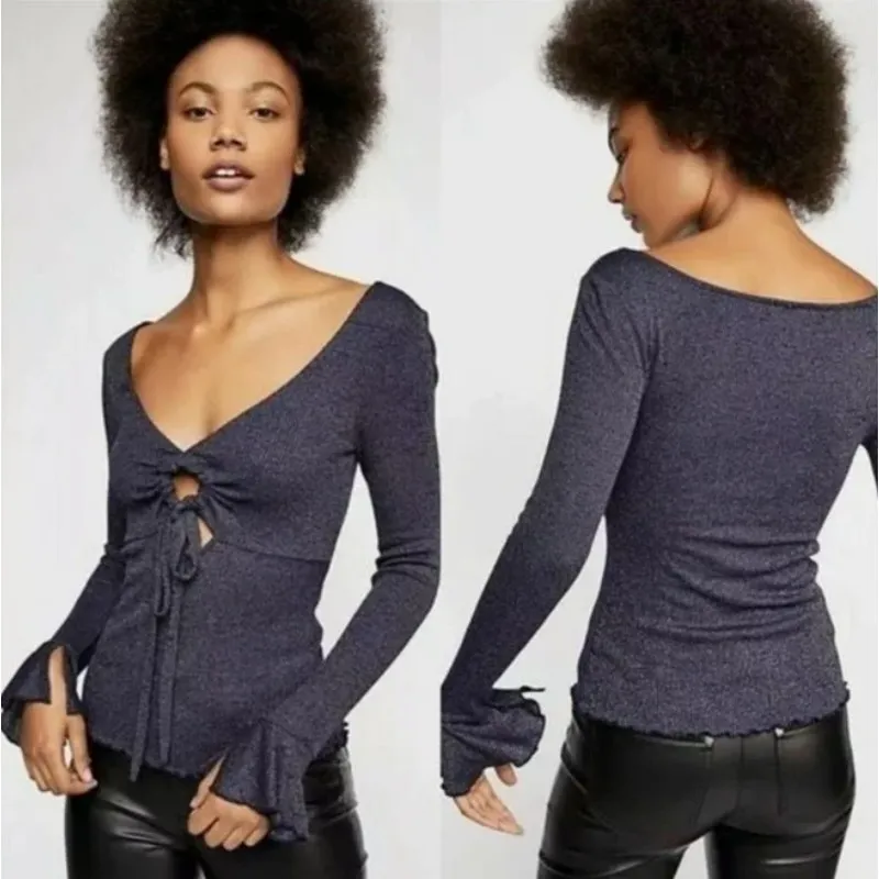 Free People Intimately Navy Blue Metallic Shimmer Long Sleeve V-neck Tie Medium - Image 2