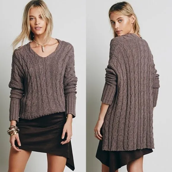 Free People • Easy Cable V Neck Sweater taupe Mushroom oversized tunic cotton - Image 2