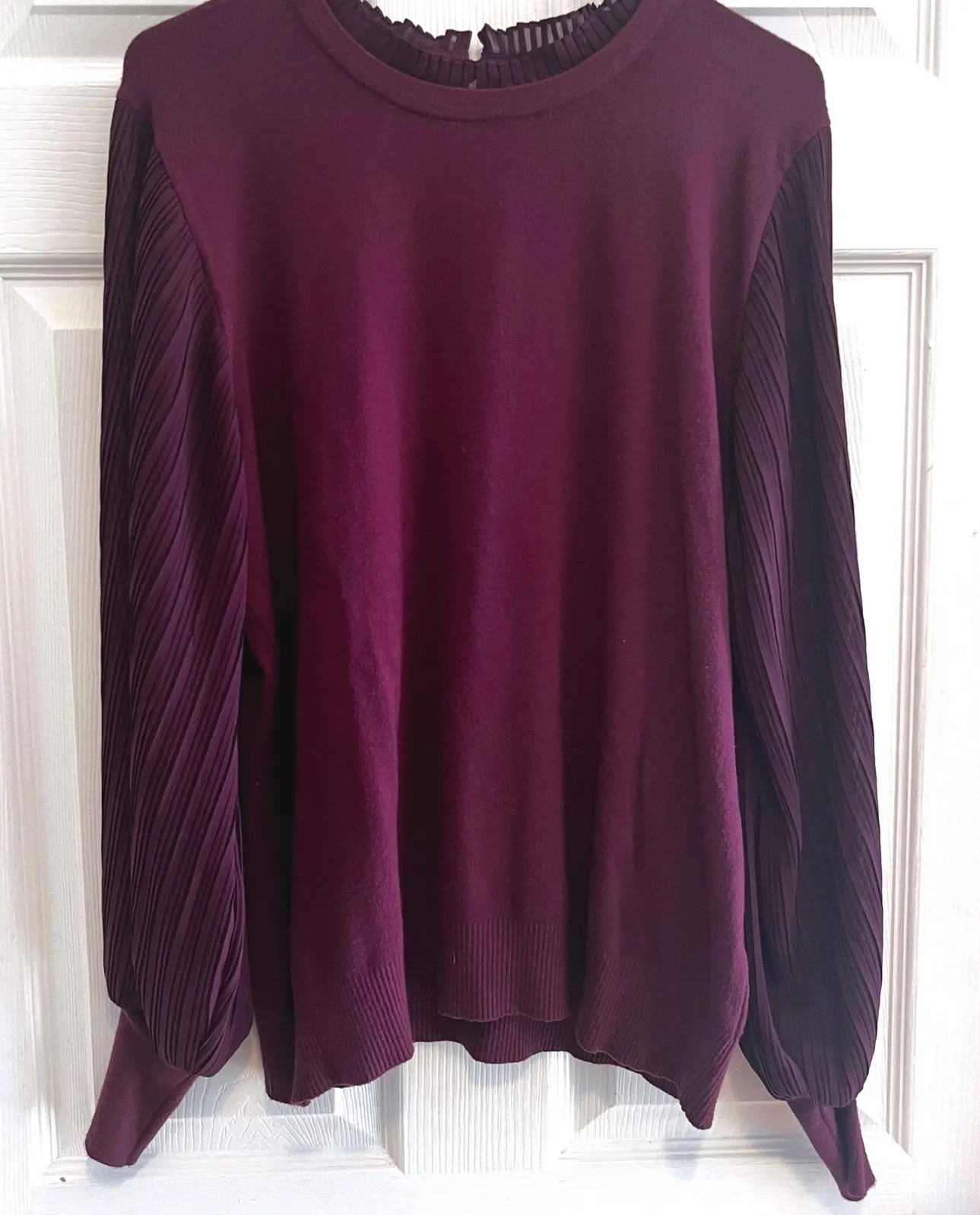 Plum Purple Sweater with Pleated Bishop Sleeves Ruffle Mock Neck Size Medium Purple - Image 1
