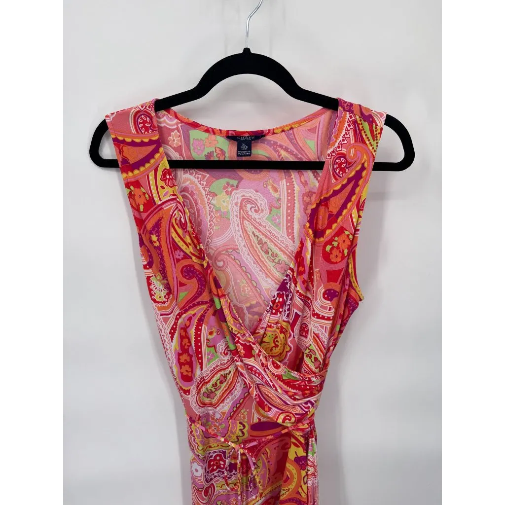 Chaps Faux Wrap Dress Womens XL Red Vibrant Paisley Print Polyester Belt‎ - Image 2