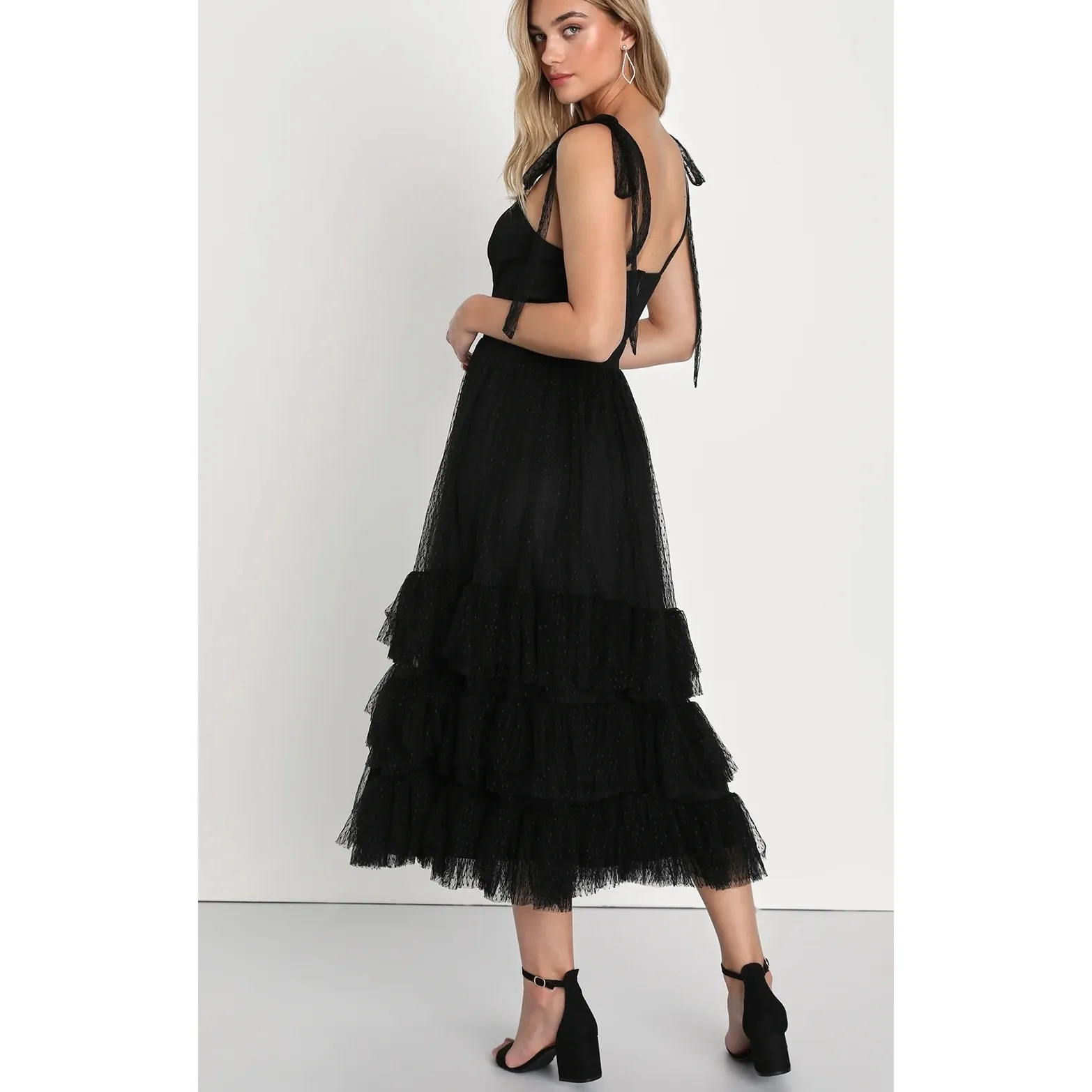 LULUS Midi Dress Captivating Aesthetic Black‎ Mesh Swiss Dot XL Cocktail Party - Image 2