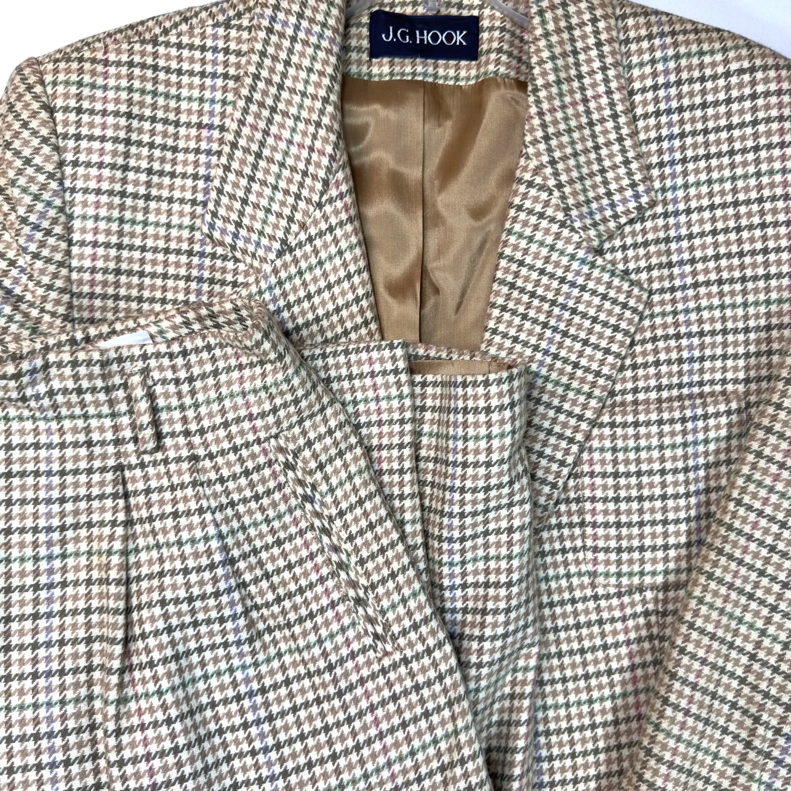 VTG J.G. Hook Houndstooth Wool Blazer Skirt Suit Size 12 Light Academia Tan - Image 2