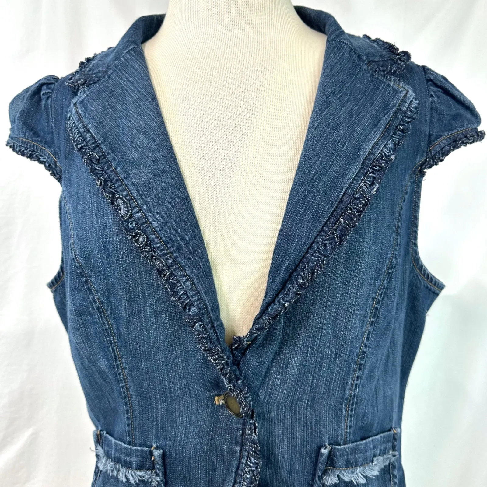 BANDOLINO Y2K 2000s Blue Denim Fitted Cropped Blazer Jacket Puff Sleeve Women 12 - Image 2