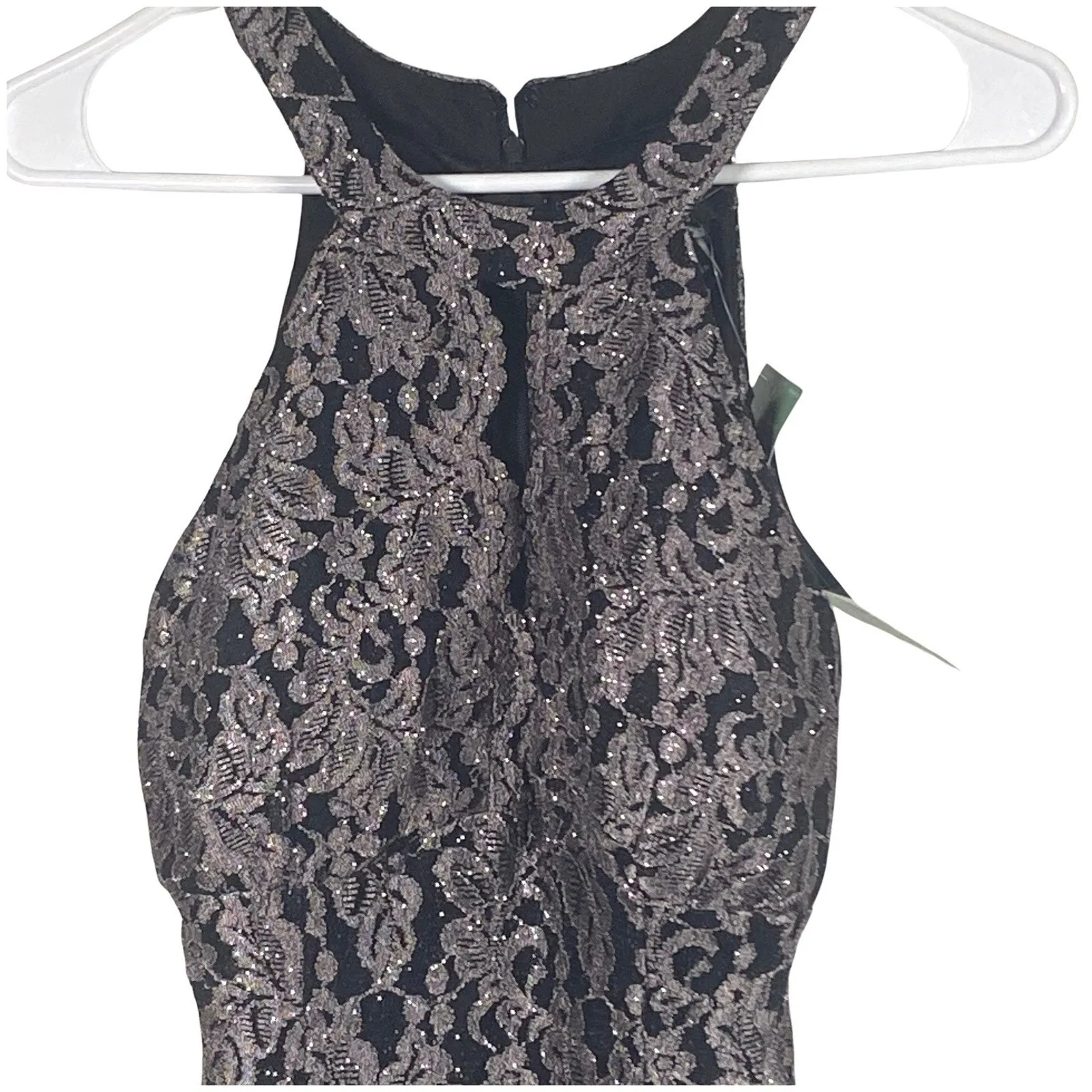 R & M Collec. Womens Size 8 Black Taupe Glitter Lace Keyhole Mermaid Gown Dress - Image 3