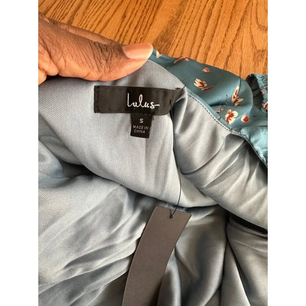 Lulus Gorgeous Days Blue Floral Satin Puff Sleeve Midi Dress Keyhole Detail Sz S - Image 5