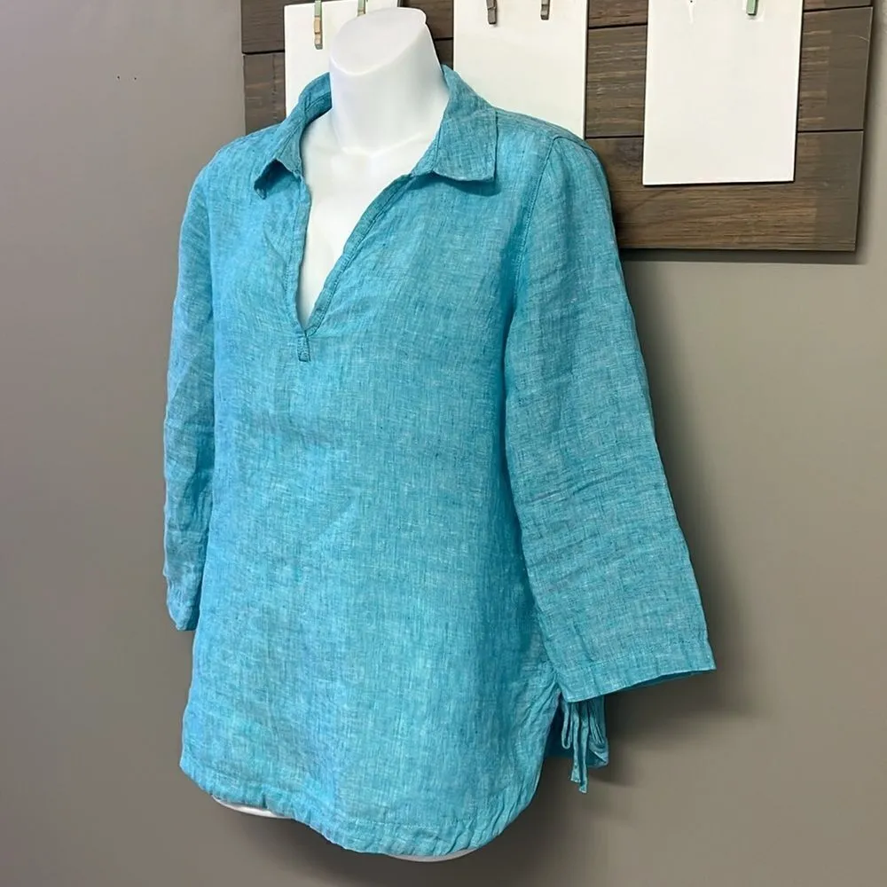 Isaac Mizrahi New York Turquoise V-Neck Linen Pullover Collared Shirt- Small - Image 2