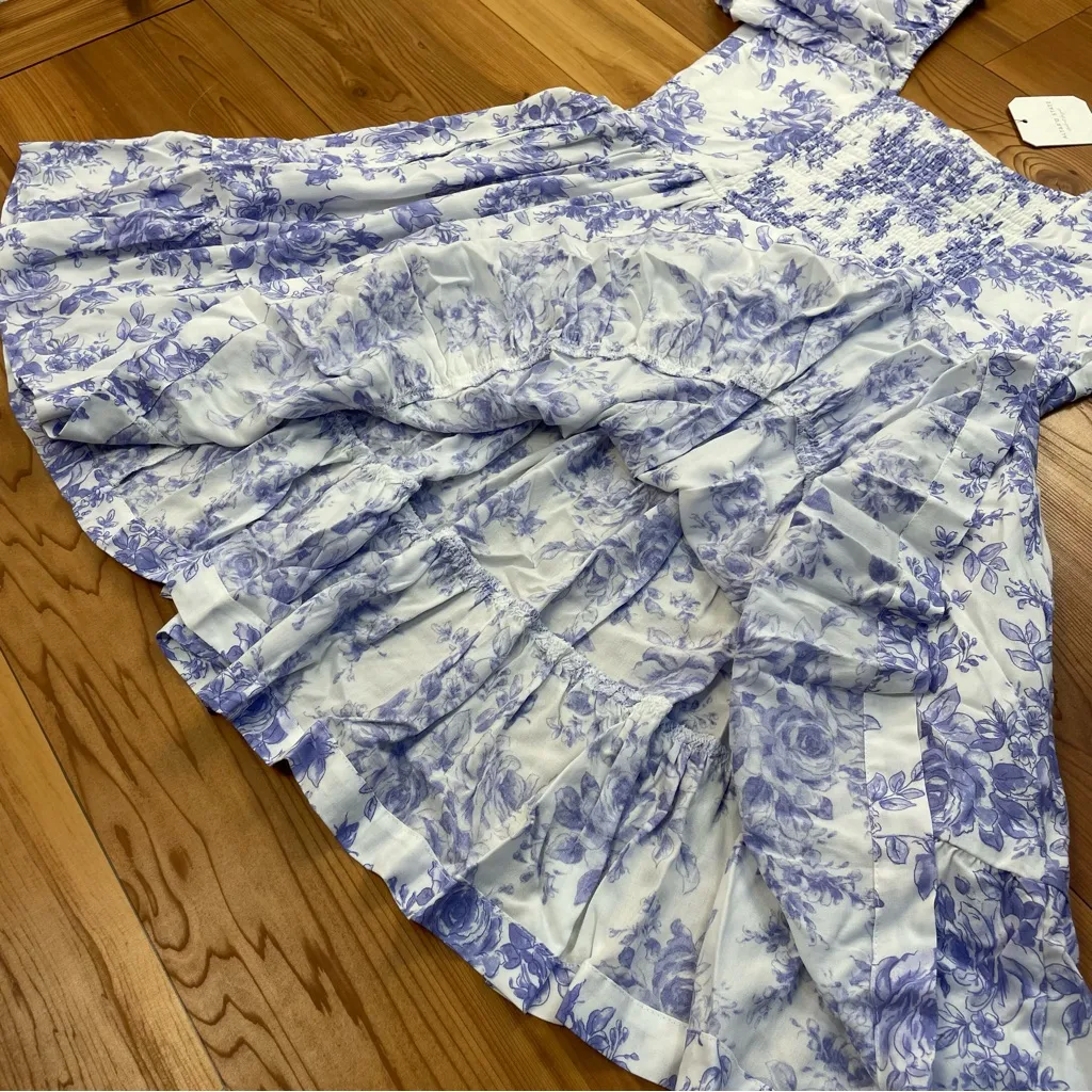 Altar’d State Christie Blue Floral Mini Dress Pleated Bust Puff Sleeve Medium - Image 9