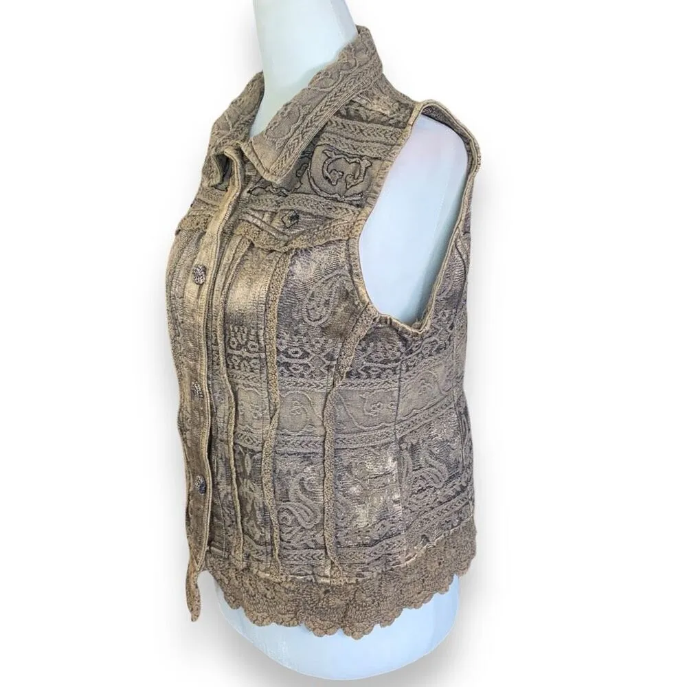 Vintage Flashback Vest Metallic Brown Floral Detail Lace Embroidered High Neck Brown Size M - Image 4