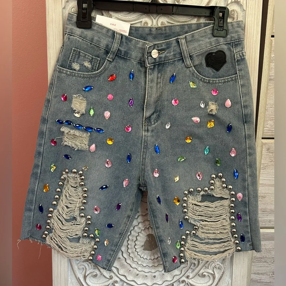 maximalist bedazzled colorful gemstone glam grunge bling Jean shorts NWT LG - Image 4