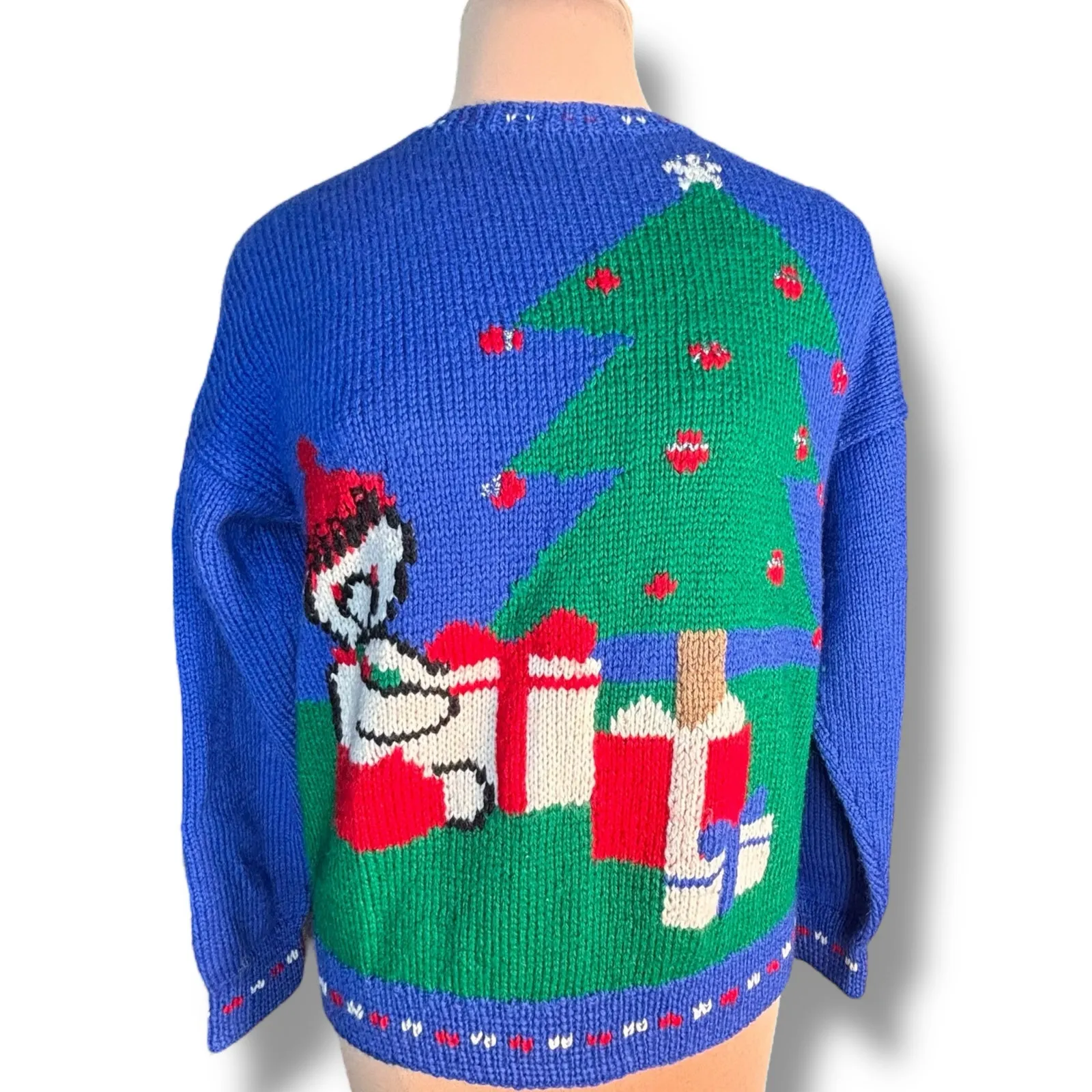 Vintage 90s Allen Solly Wool Christmas Sweater Tree Gifts Santa Hat Blue Large - Image 15