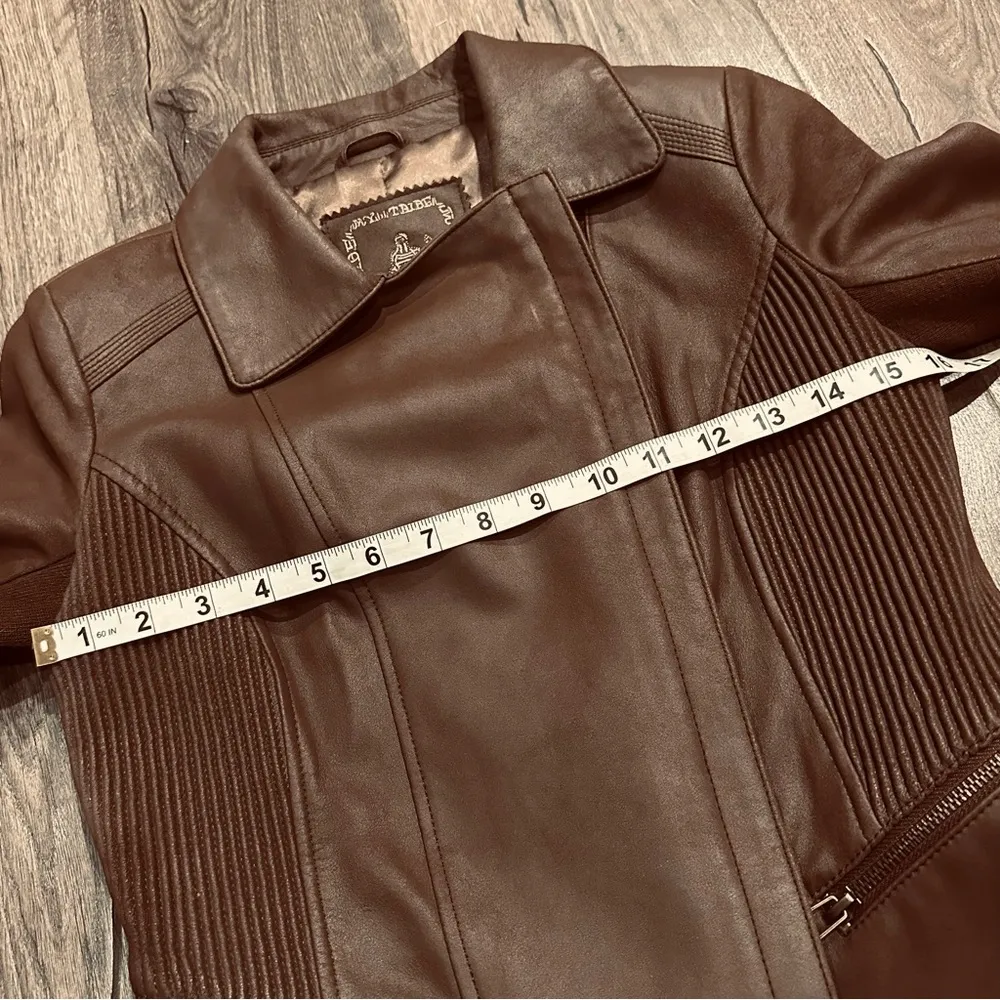 My Tribe Leather Moto Jacket Brown Full Zip Asymmetric Hem Biker Rocker XS Y2K - Image 15
