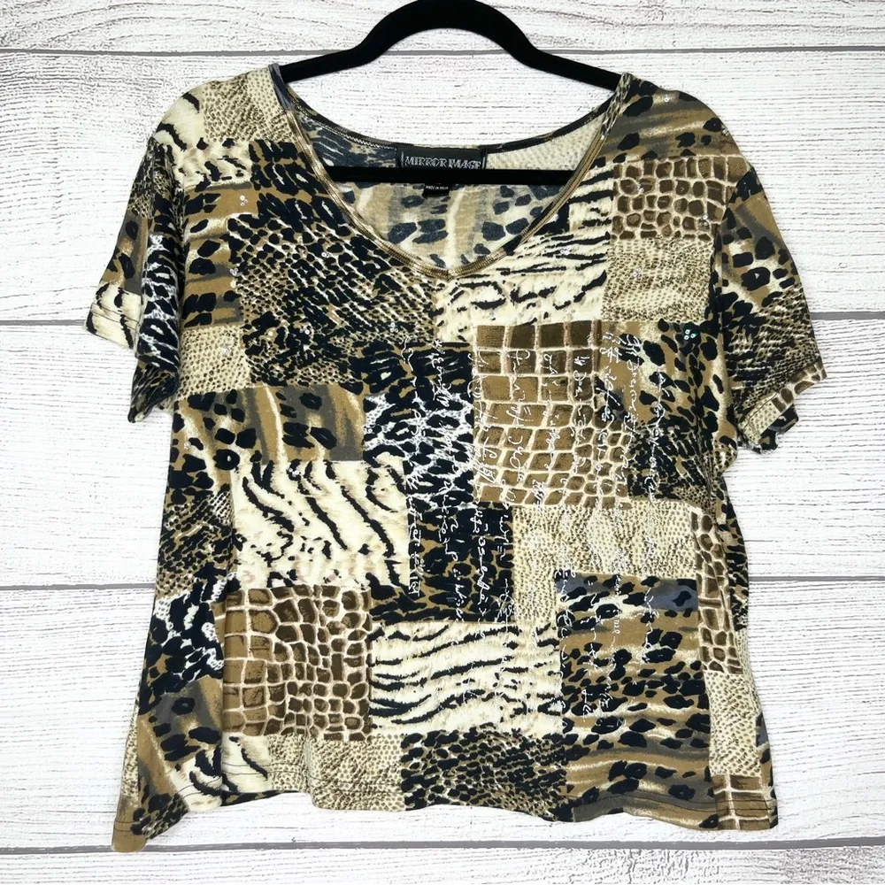 Vintage Animal Print Cheetah Leopard Patchwork Print T-Shirt Top Size XL - Image 8