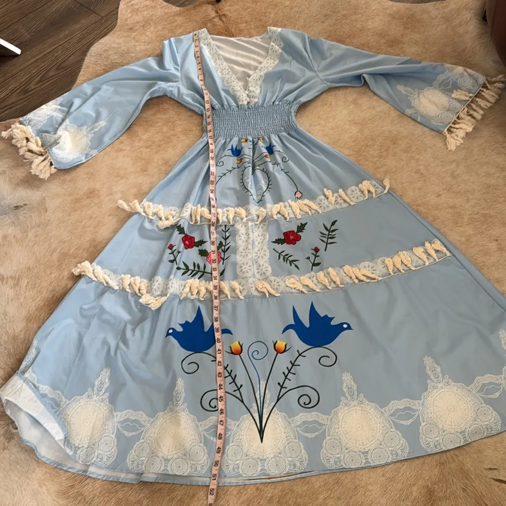 Blue bohemian Tassle fringe Maxi Dress with birds - Image 11