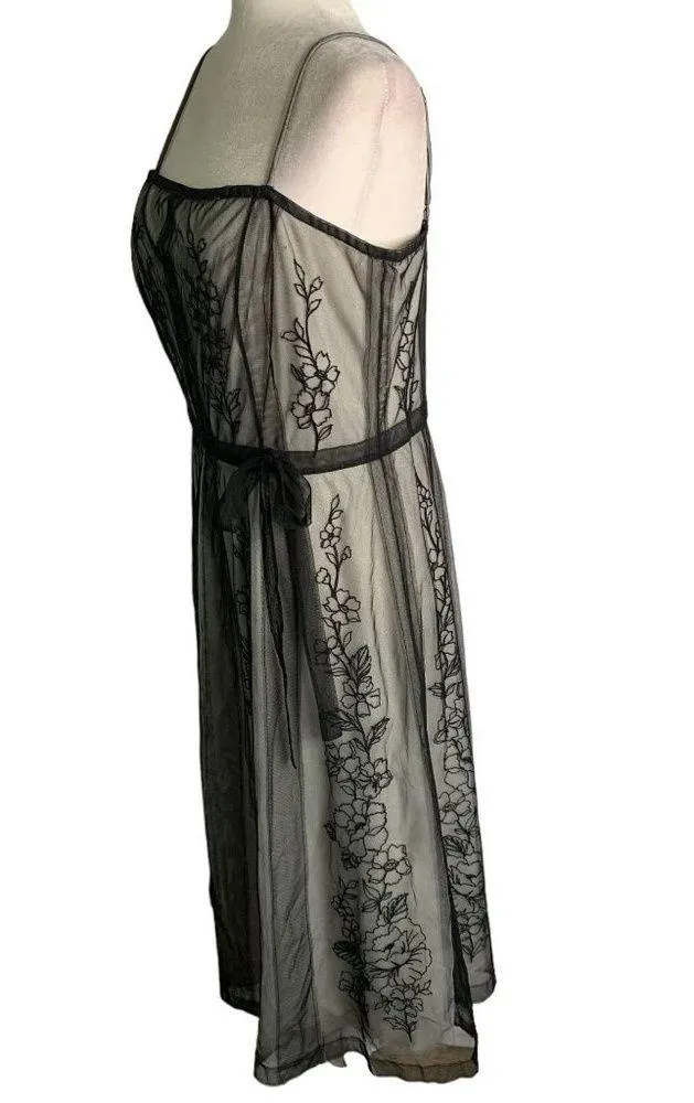 Papell Boutique Embroidered Mesh Swing Dress 14 Black Sleeveless Zipper Lined - Image 3