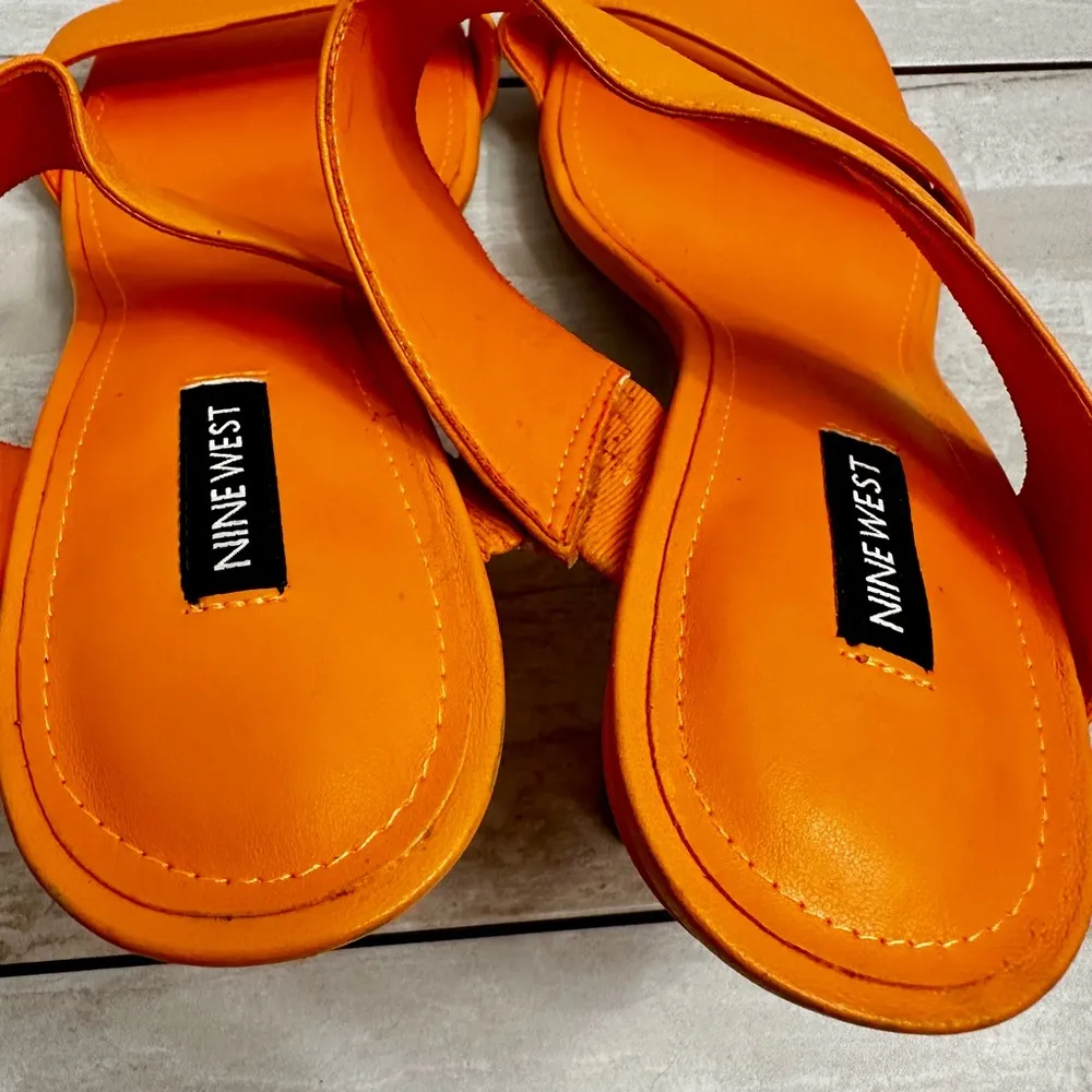 Nine West Orange Leather Kitten Heel Strappy Sandals Vacation Summer Sexy Bold - Image 6