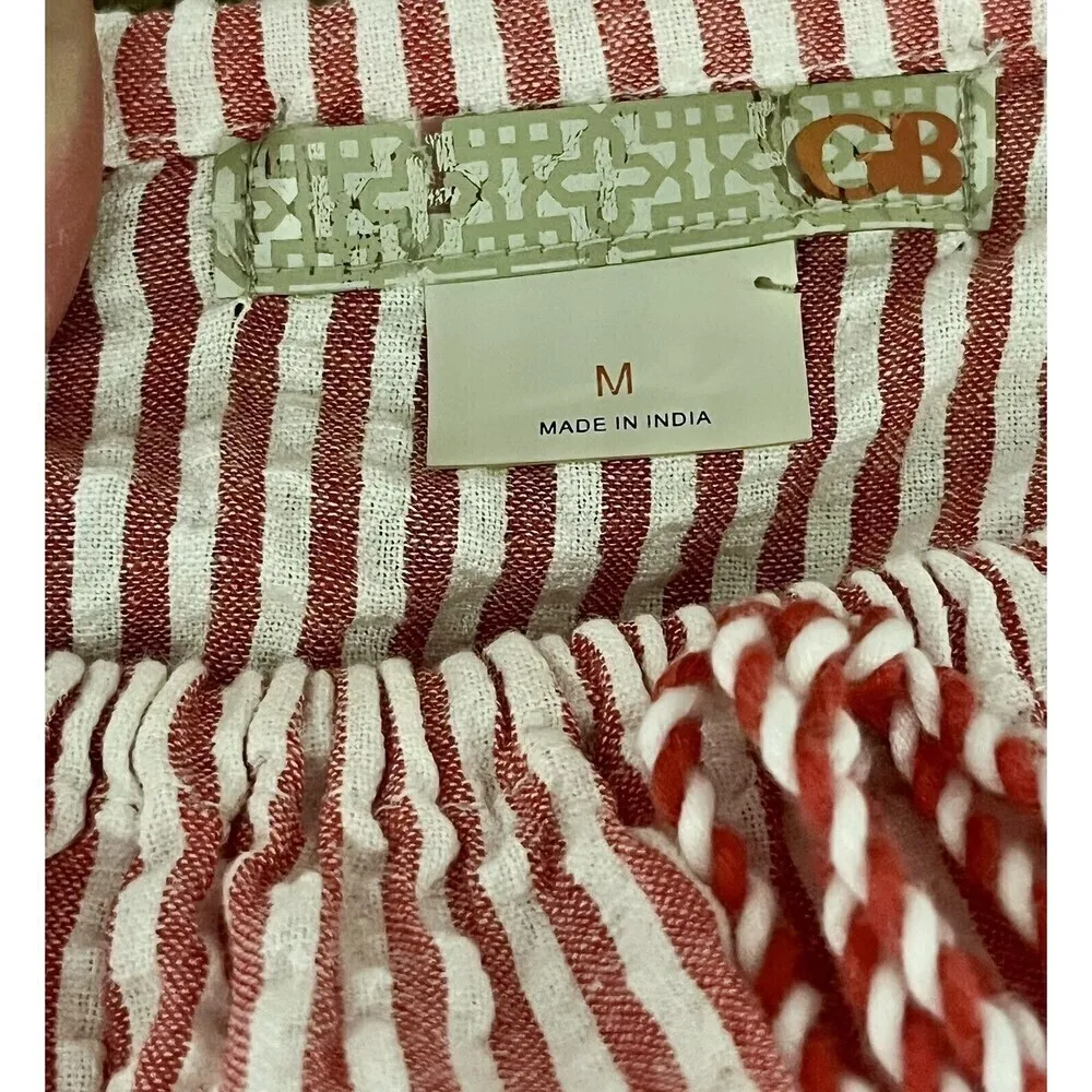 Gianni Bini Seersucker Striped Off Shoulder Tassel Peasant Mini Dress M Coastal White Size M - Image 8