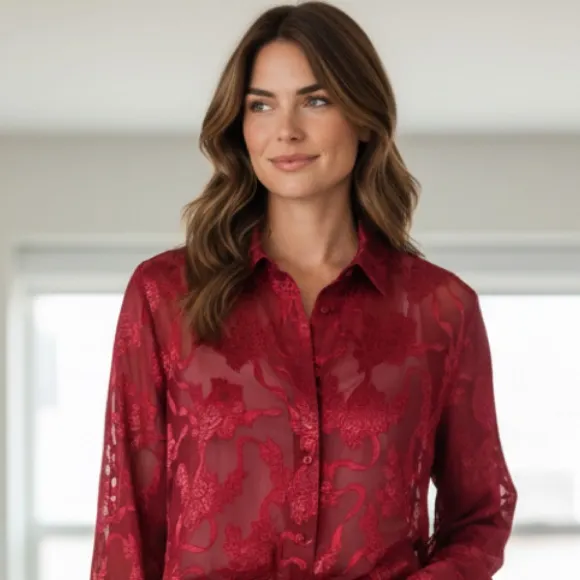 Victoria's Secret Vintage Satin Red Floral Button Down Burnout Sheer Shirt M - Image 8