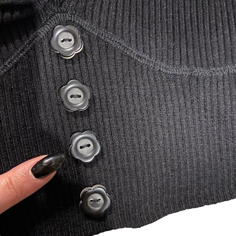 For Love & Lemons Womens S Pointelle Knit Crop Top Black Ribbed Bow Coquette New - Image 3