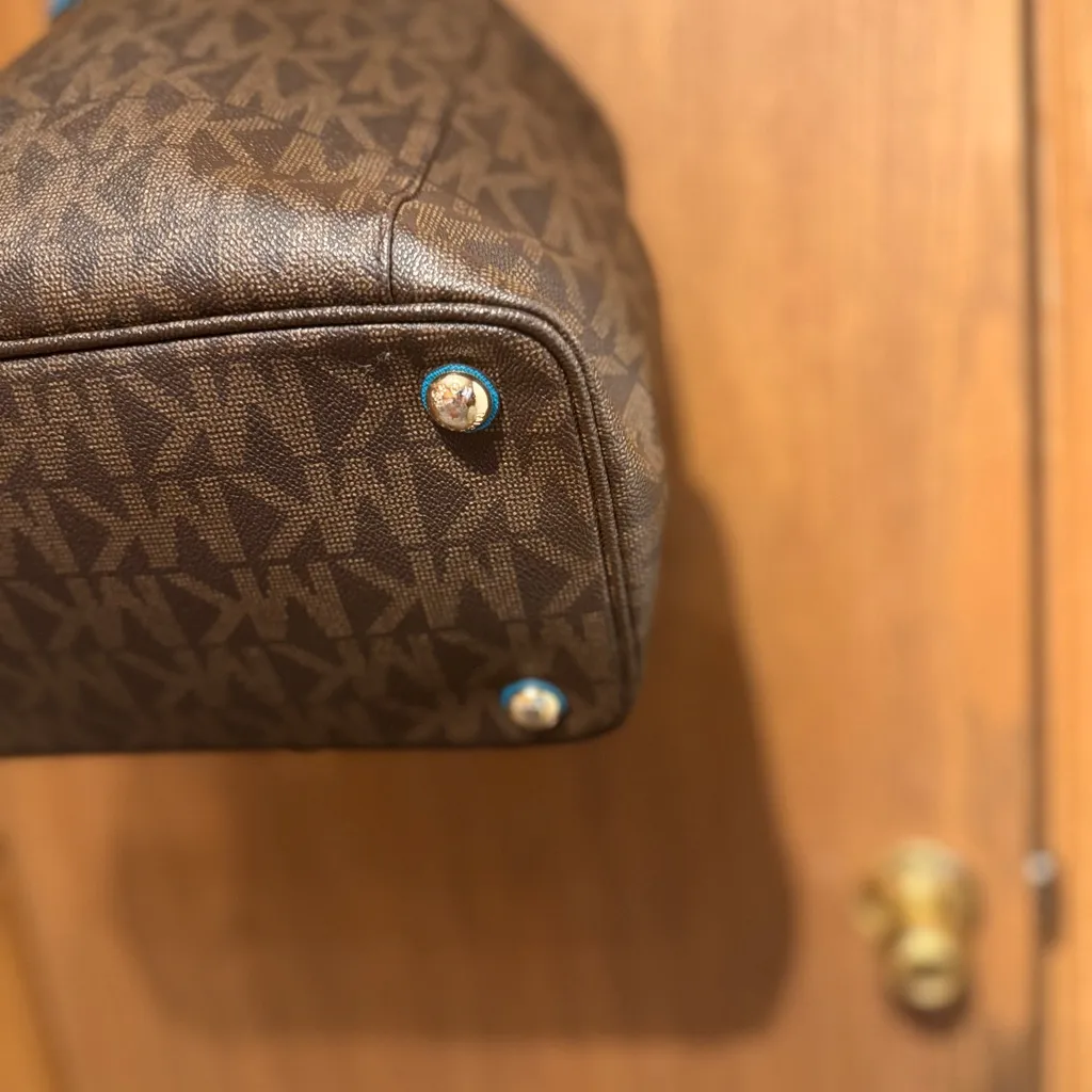 Michael Kors Jet Set Item Signature PVC East West Tote Brown teal w/ Wallet Blue - Image 5