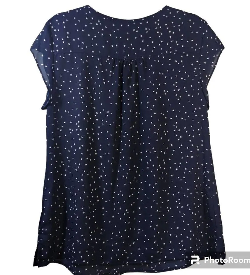 Croft & Barrow Navy Blue Star Print Casual Short Sleeve Blouse Size M - Image 2