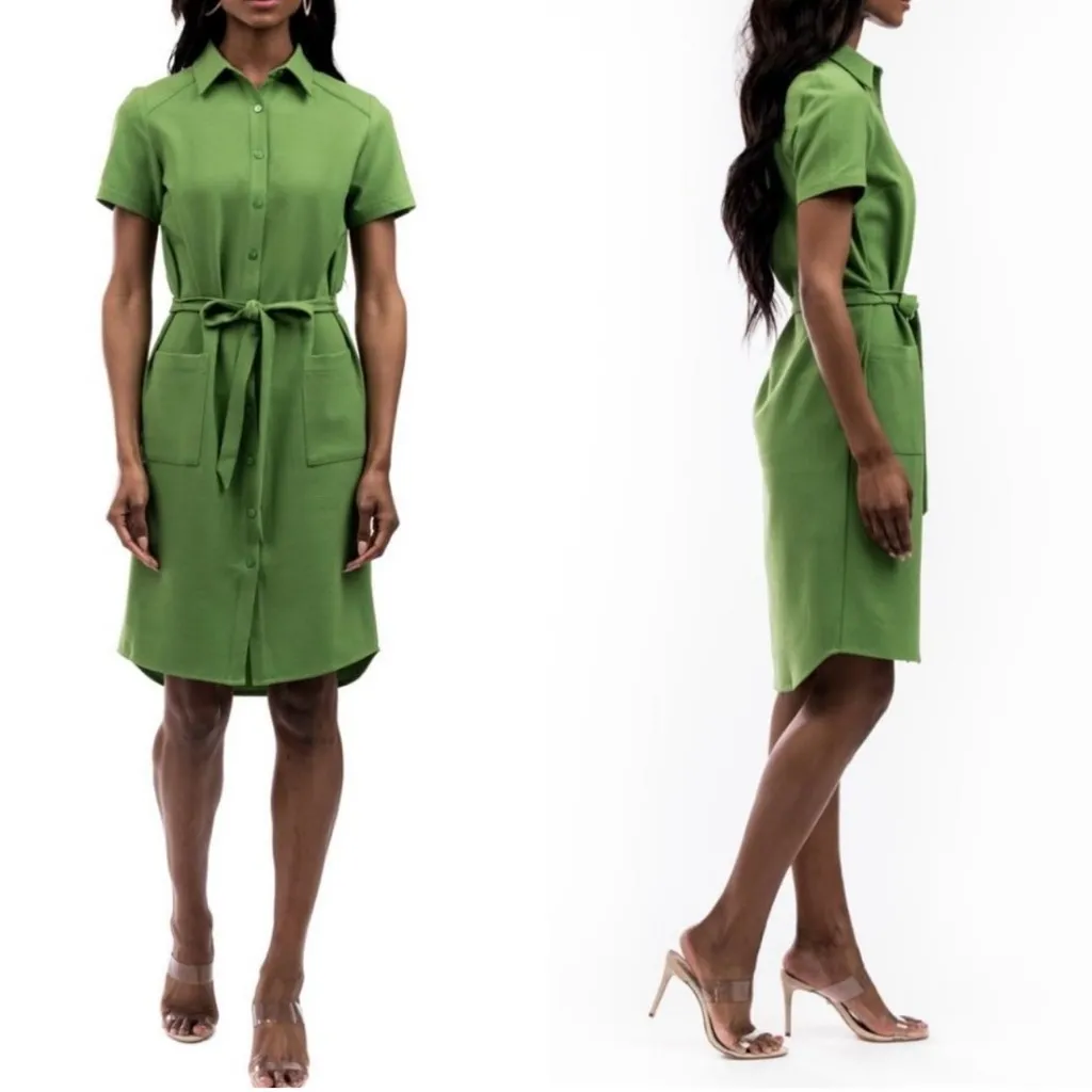 Rachel Parcell Everyday Woven Button-Up Belted Shirtdress Dress Green Size Small - Image 4