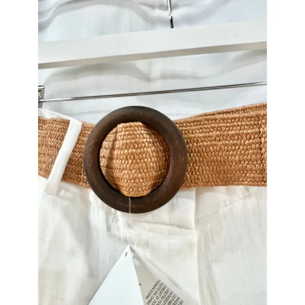 NWT Zara High Waisted Pleated Bermuda Pants With Braided Belt White Women's XL - Image 3