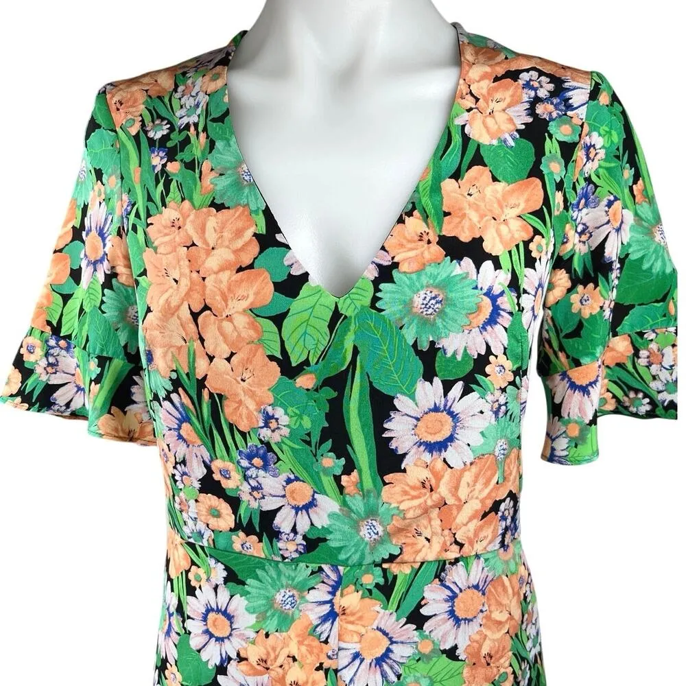 Sandro Eudelin Green 100% Silk Multicolor Floral Short Sleeve Romper Shorts Sz 4 - Image 3