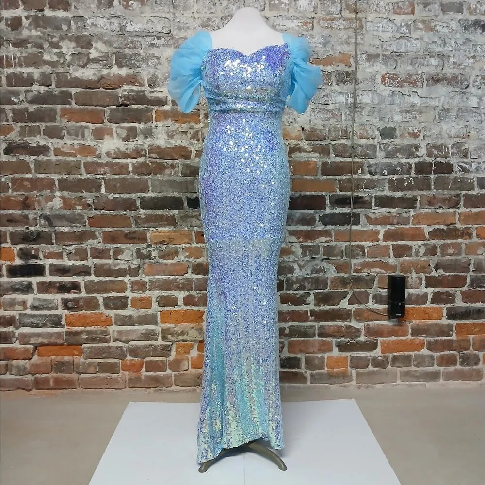 Faeriesty Formal Sequin Evening Gown XS Blue Off Shoulder Mermaid Party Dress - Image 4