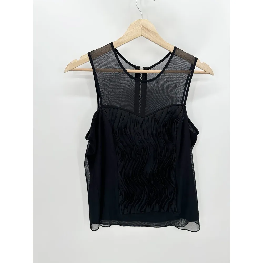 Cache Top Women MEDIUM Black Sheer Upper Exposed Back Zip Sleeveless Tank Blouse - Image 6