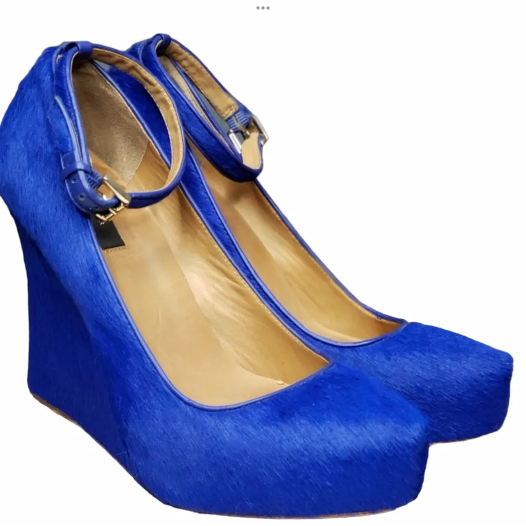 Ann Taylor cobalt blue-platform calf hair wedge heels with ankle buckle strap 7 - Image 2