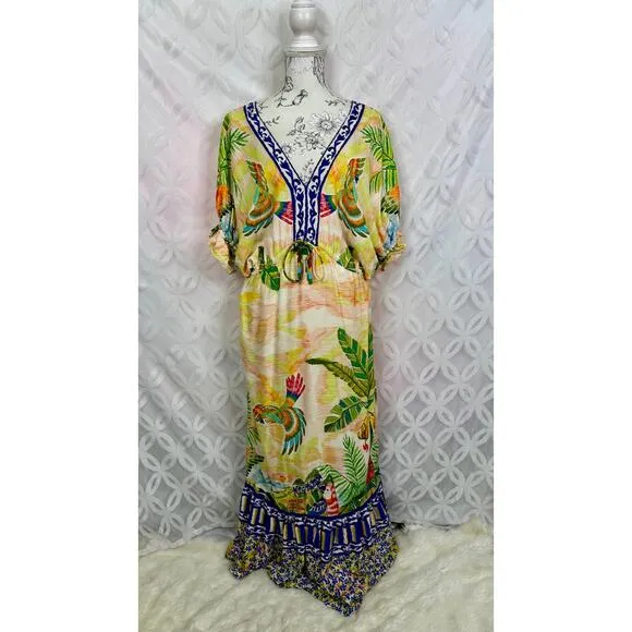 Farm‎ Rio Tropical Floral V-Neck Puff-Sleeve Resort Wear Maxi Dress Size S - Image 2
