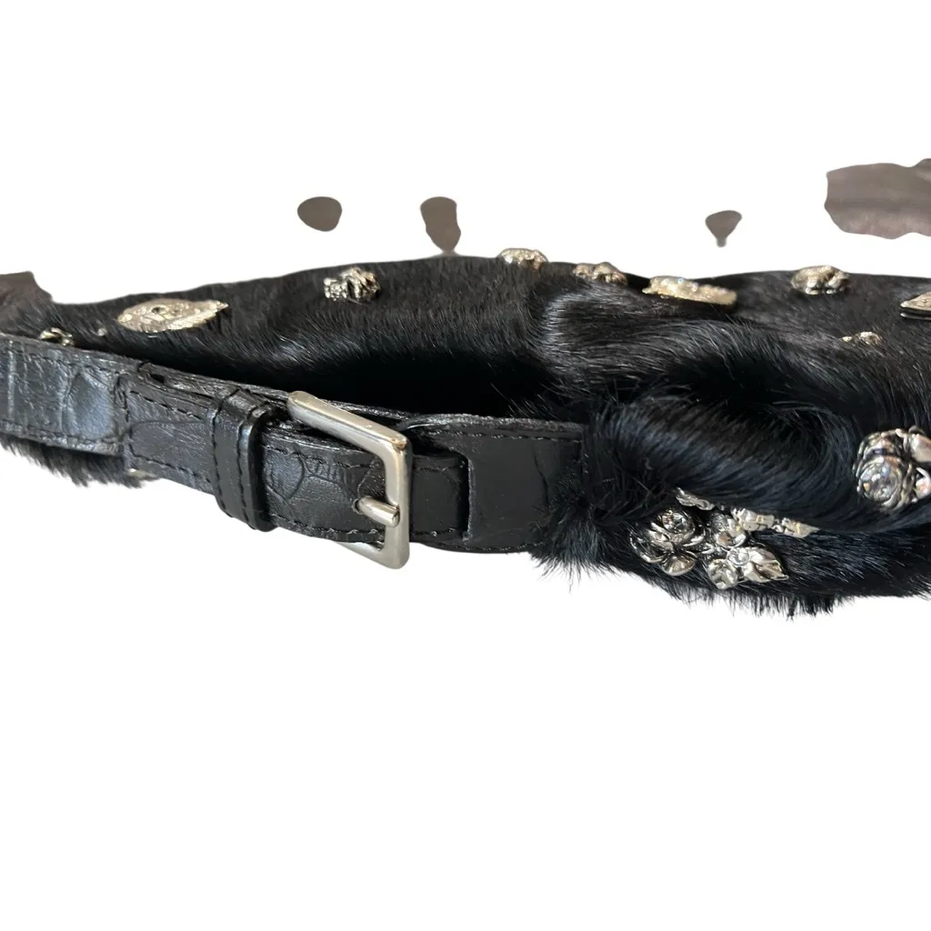 Berge NWOT Black Leather Calfhair Hobo Shoulder Bag Charms Rhinestone Italy New - Image 4