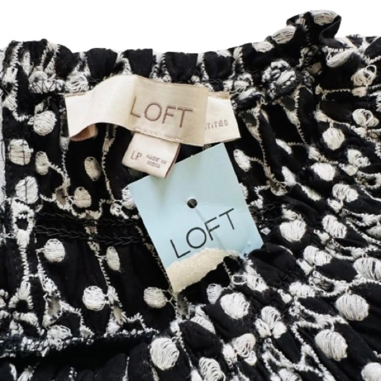 Loft Dress Black White Eyelet Embroidered Smocked Yoke Ruffle Sleeve Size LP NEW - Image 2