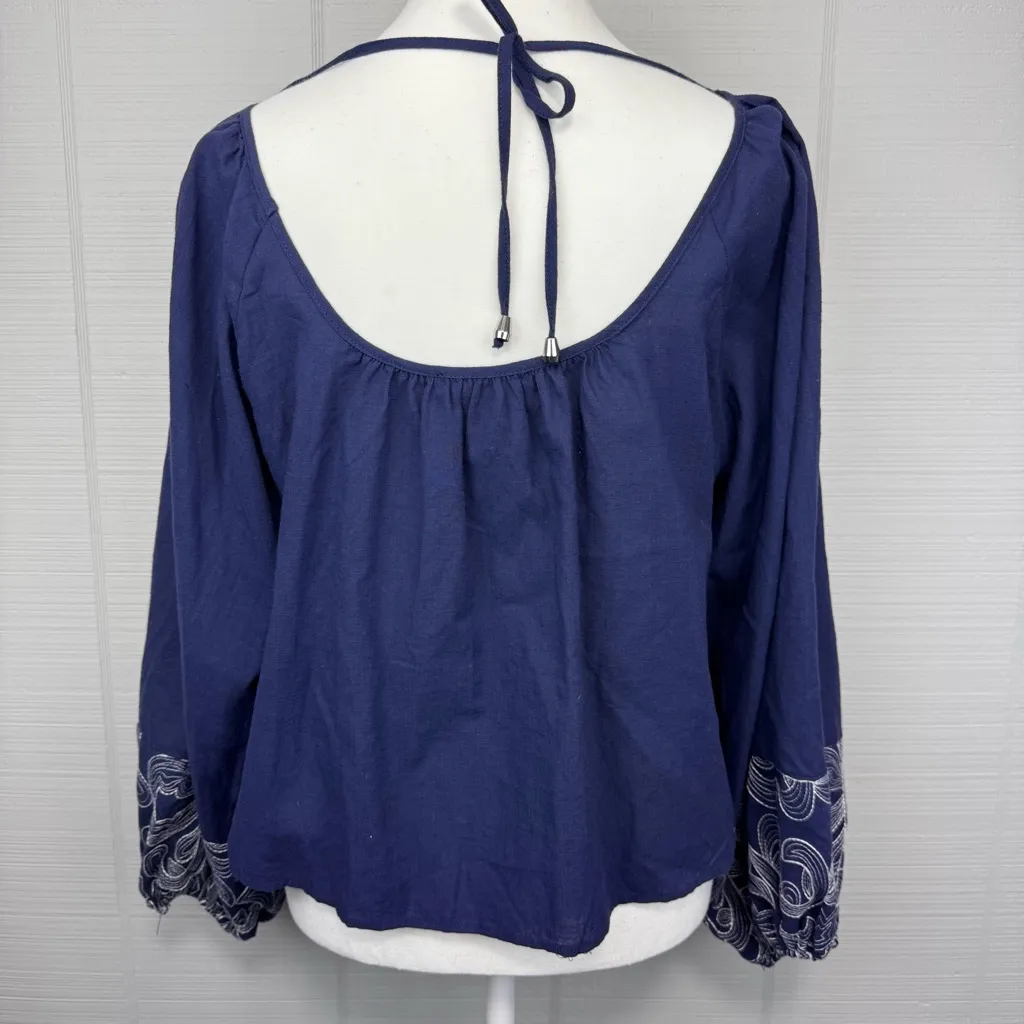 Rain Blue Cotton Peasant Top Balloon Sleeve Embroidered Yoke Boho Folk Artisan M Size M - Image 5