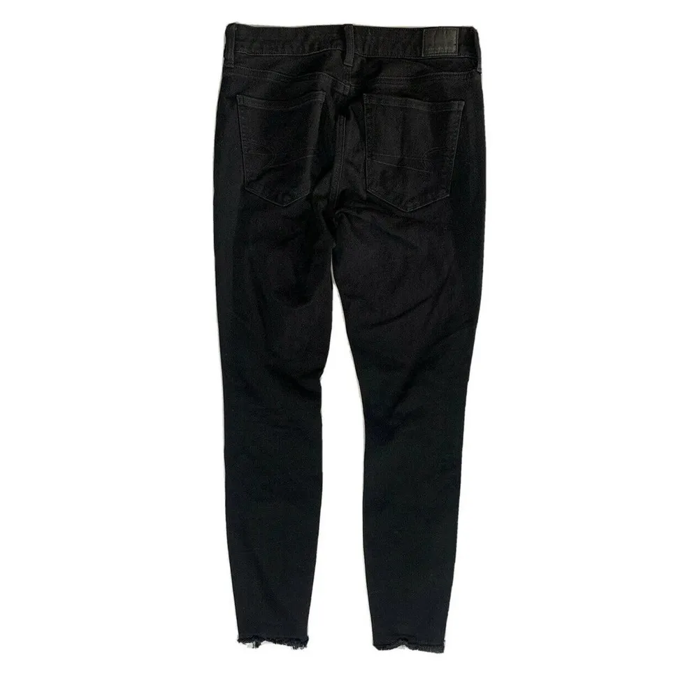 Womens American Eagle Hi Rise Jeggings Skinny Raw Hem Black Stretch Distressed 6 - Image 5